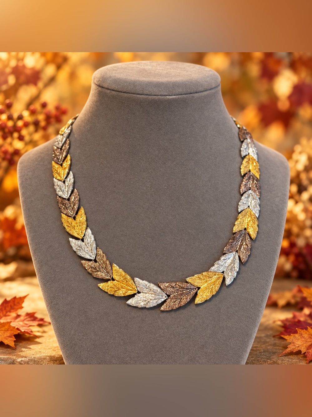 Vintage Autumn Glow Tri-Tone Leaf Collar Necklace Hidden Clasp 16”
